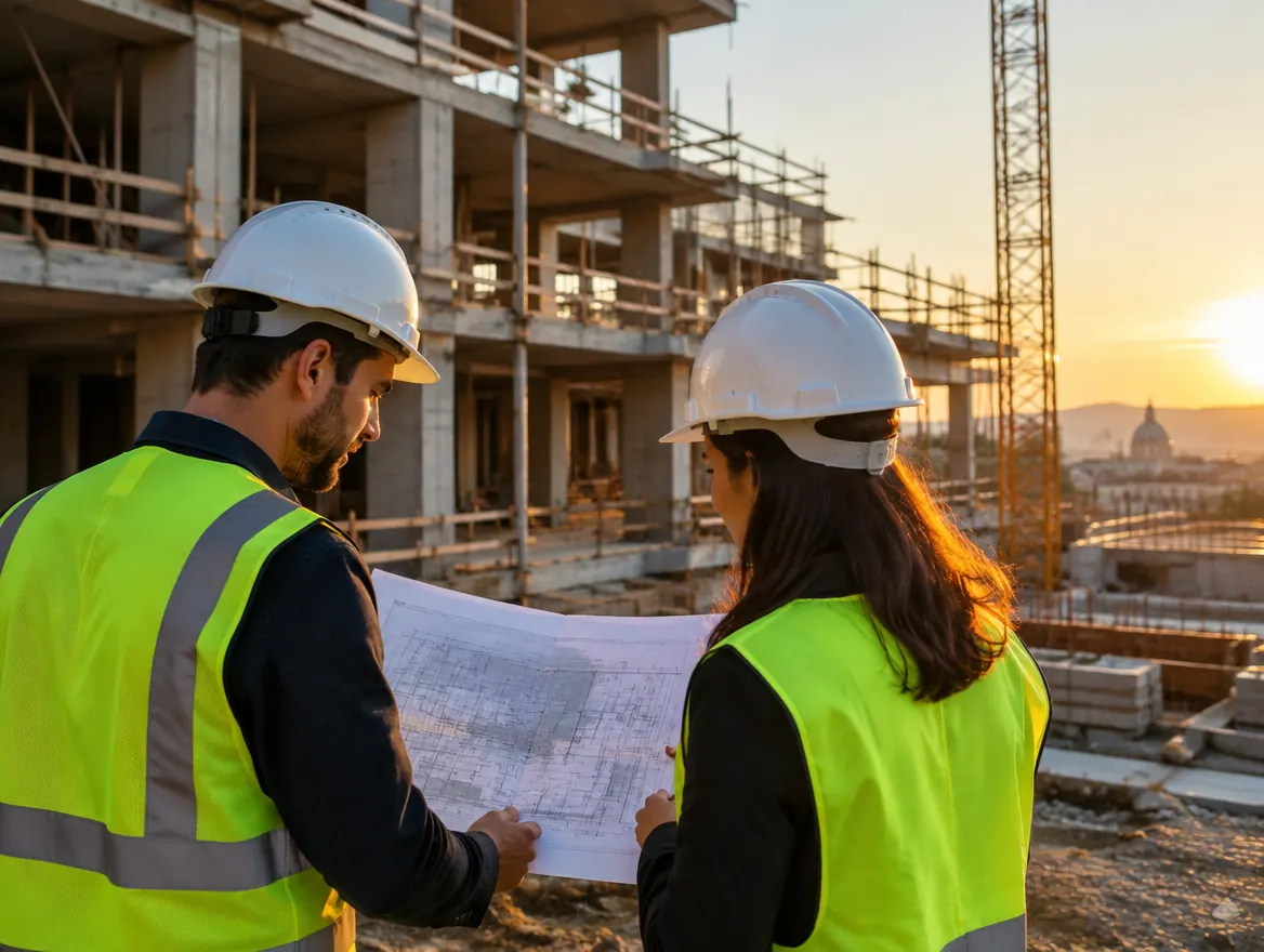 Tecnici in cantiere con le planimetrie