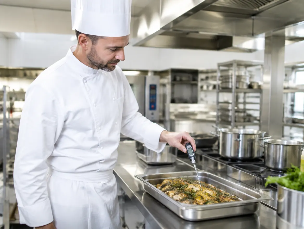 Chef che controlla la temperatura in cucina