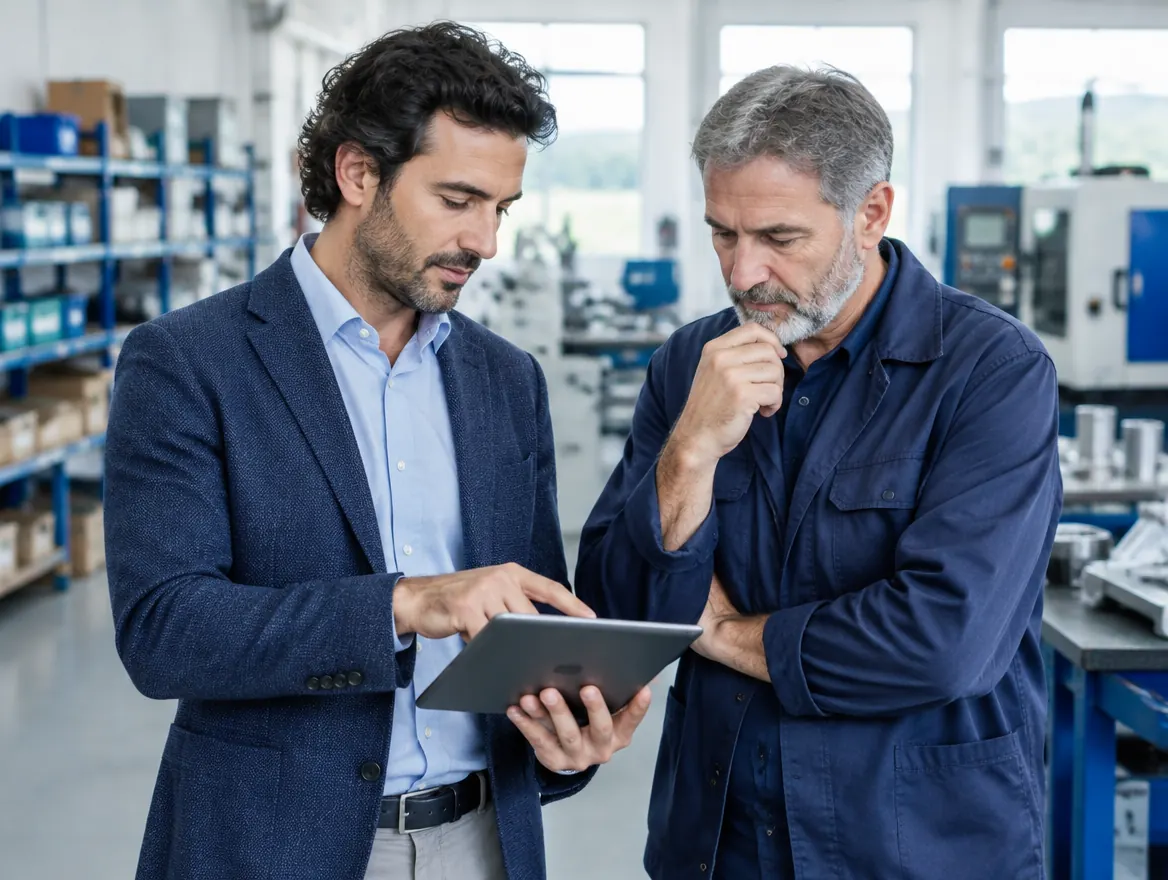Consulente e imprenditore rivedono insieme un documento di qualità in azienda